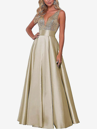 シャンパンイブニングドレス Vネック マキシレングス 社交ページェントドレス