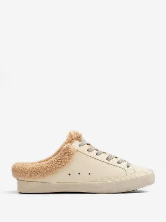 ホワイトミュールスニーカー シアリング ラウンドトゥ レースアップ スケートスニーカー