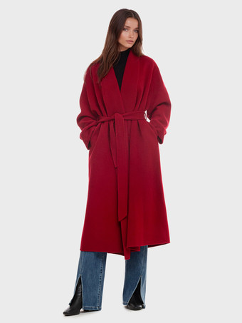 バーガンディ ウール カシミア ブレンド ラップコート レディース ラペル エレガント ベルト付き ダブルフェイス 冬アウター 2025
