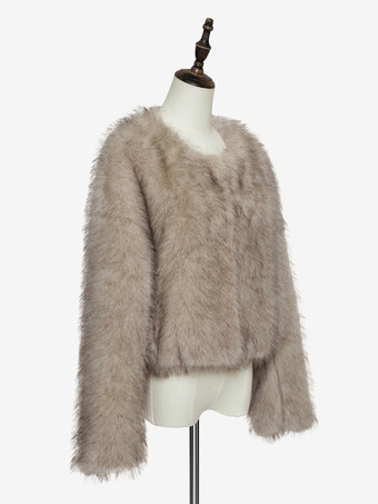 フェイクファー クロップドコート クルーネック 環境に優しい 冬用ショートジャケット レディース 2025