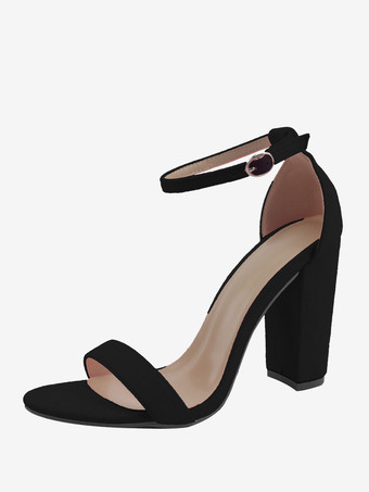 ブラック レディース チャンキーヒール アンクルストラップ サンダル プロムシューズ スエード ホームカミングシューズ