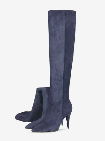 ブルー ミッドカーフブーツ レディース マイクロスエードアッパー スクエアトゥ キトンヒールブーツ