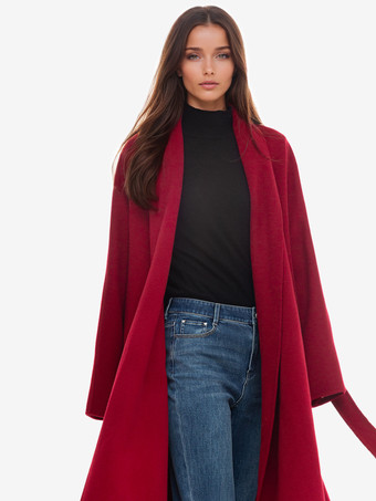 バーガンディ ウール カシミア ブレンド ラップコート レディース ラペル エレガント ベルト付き ダブルフェイス 冬アウター 2025