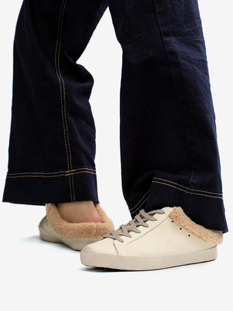 ホワイトミュールスニーカー シアリング ラウンドトゥ レースアップ スケートスニーカー