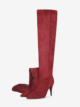 レッド ミッドカーフブーツ レディース マイクロスエードアッパー スクエアトゥ キトンヒールブーツ