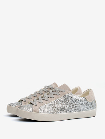 シルバー 女性用シルバーグリッターレースアップスケートスニーカー