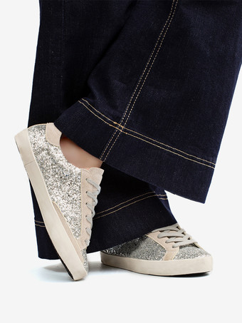 女性用シルバーグリッターレースアップスケートスニーカー