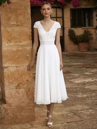 ホワイトウェディングドレス Vネック 半袖 Aライン ティーレングス ブライダルガウン