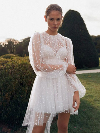 ホワイトショートウェディングドレス ジュエルネック 長袖 Aライン 非対称ブライダルドレス