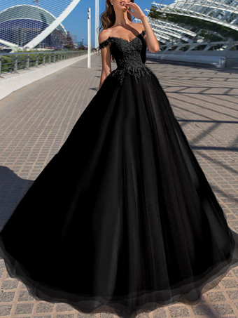 NoirRobe de mariée princesse ivoire en tulle hors de l'épaule jupe plissée à traîne robe de mariage