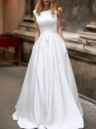 ホワイトシンプル ナチュラルウェストライン ウェディングドレス ホワイト Aライン ノースリーブ サッシュ サテン ウェディング 45cm ラウンドネック ファスナー