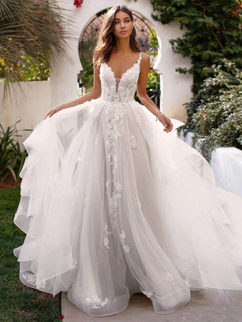 アイボリーウェディングドレスAラインVネックノースリーブレースアップリケブライダルガウン列車付き