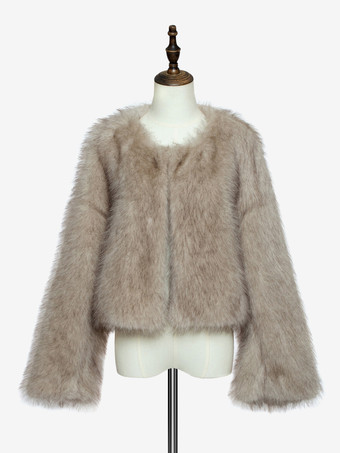 フェイクファー クロップドコート クルーネック 環境に優しい 冬用ショートジャケット レディース 2025