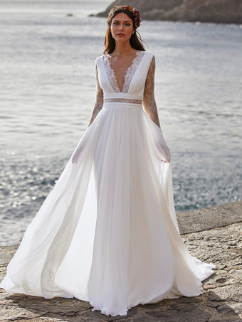 ホワイトアイボリーボヘミアンウェディングドレス レースAラインスイープロングスリーブVネックブライダルドレス 無料カスタマイズ