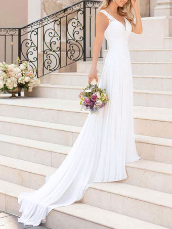 BiancoAbiti da Sposa Semplici Avorio smanicato di pizzo con scollo a V svasata Abito da Sposa Semplice