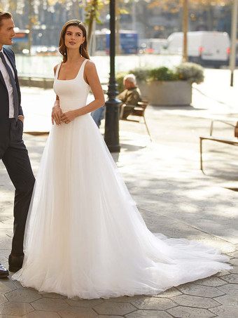 WeißBraut Jumpsuit elfenbeinfarbe Hochzeit viereckiger Ausschnitt Brautkleider mit abnehmbarer Schleppe Jumpsuits ärmellos Hosenanzug Braut