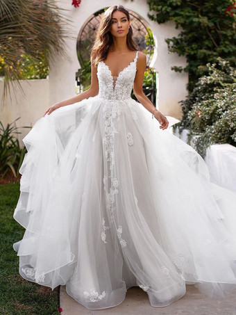 ホワイトウェディングドレスAラインVネックノースリーブレースアップリケブライダルガウン列車付き