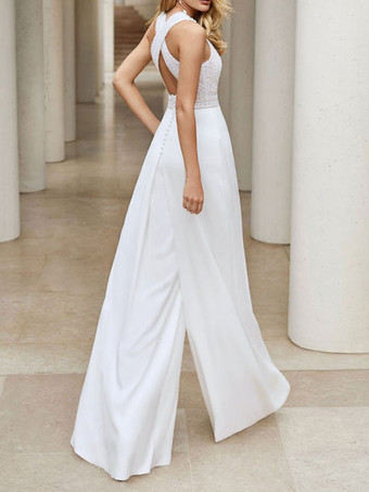 Braut Jumpsuit elfenbeinfarbe Hochzeit mit Rundkragen Brautkleider bodenlang Jumpsuits ärmellos Hosenanzug Braut