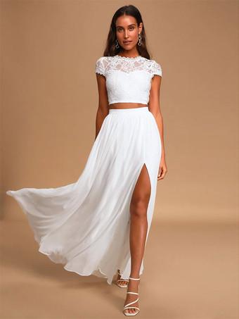 ホワイトアイボリーのツーピースウェディングドレス シフォンレース ジュエルネック Aライン フロアレングス 半袖 ブライダルドレス