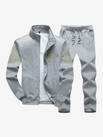 gris clair Ensemble 2 pièces de vêtements de sport pour hommes à manches longues et à col bijou  tenue de sport bleu marine foncé