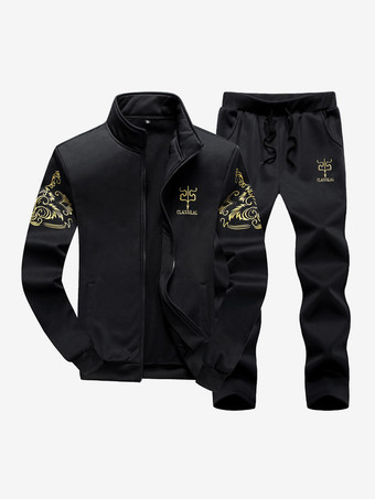 noir Ensemble 2 pièces de vêtements de sport pour hommes à manches longues et à col bijou  tenue de sport bleu marine foncé
