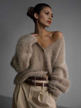 カーキ フェイクファーカーディガン カーキ 長袖 Vネック オーバーサイズ 春 着心地良い レディース アウター 2025