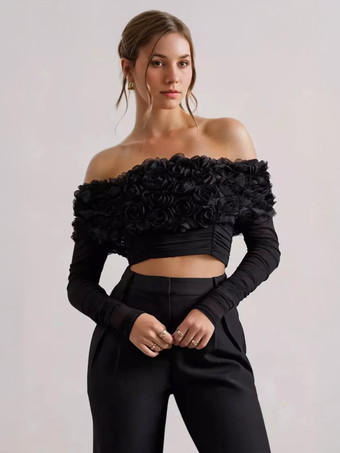 ブラック バラの装飾が施された黒のクロップトップ、オフショルダーの長袖、女性用ヴィンテージスタイルトップス 2026