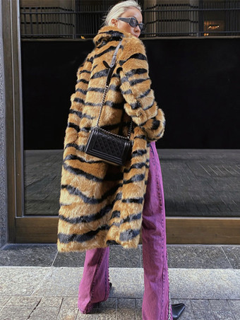 フェイクファーコート タイガープリント 冬 ミディ エコフレンドリー ファーコート レディース 2025