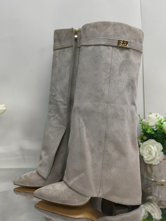 ライトグレースエードニーハイブーツ アプリコット ポインテッドトゥ バックルディテール ジップアップ チャンキーヒールブーツ