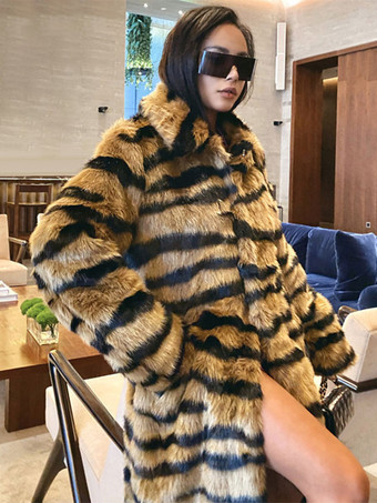 フェイクファーコート タイガープリント 冬 ミディ エコフレンドリー ファーコート レディース 2025
