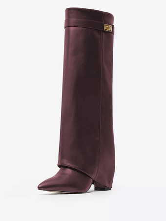 バーガンディーブラックニーハイブーツ チャンキーヒール ポインテッドトゥ バックルディテール フォールドオーバーブーツ