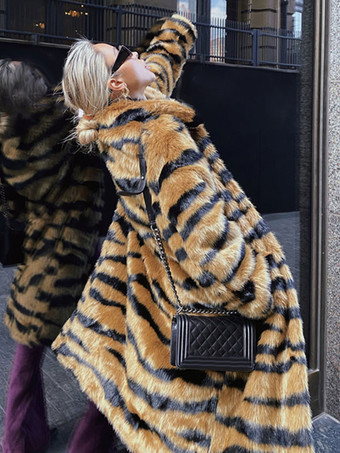 フェイクファーコート タイガープリント 冬 ミディ エコフレンドリー ファーコート レディース 2025