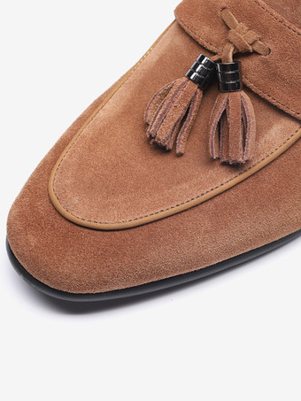 メンズ ブラウン ローファー タッセル ラウンドトゥ マイクロスエード ローファーシューズ