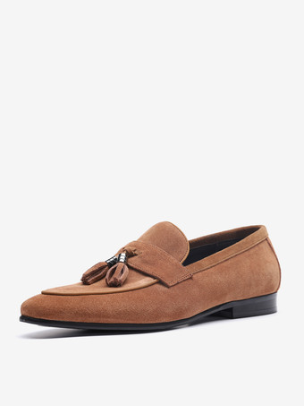 ブラウン メンズ ブラウン ローファー タッセル ラウンドトゥ マイクロスエード ローファーシューズ
