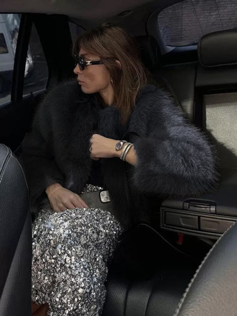 フェイクファーコート ブラック ウエスト上げ 長袖 レディースコート