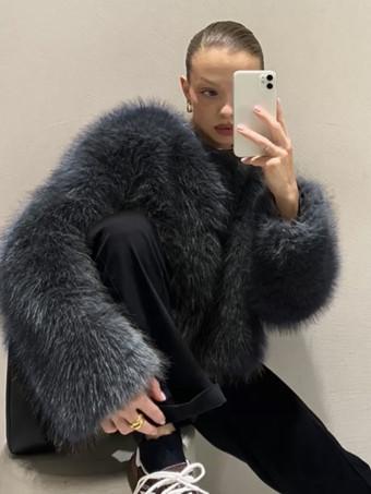 グレイフェイクファーコート ブラック ウエスト上げ 長袖 レディースコート