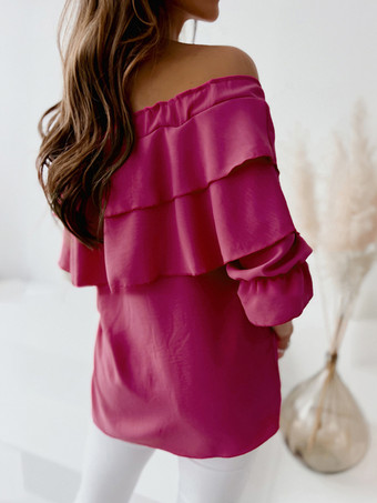 長袖Tシャツホワイトフリルバトーネック女性Tシャツ