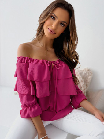 ローズレッド長袖Tシャツホワイトフリルバトーネック女性Tシャツ