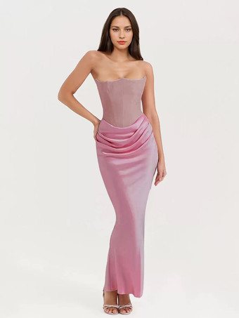 ピンク ボディコンドレス グレー ノースリーブ プリーツ シック ストラップレス イレギュラー ボディコンドレス シースドレス