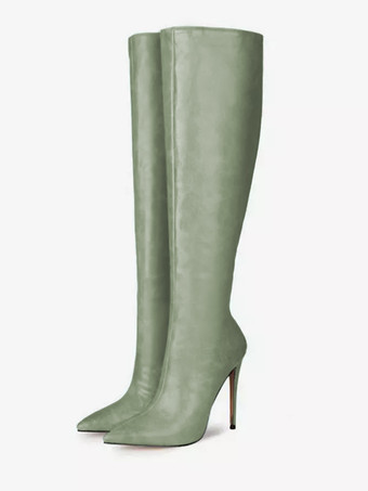 ピューターレディース ニーハイブーツ ネイビーブルー ポインテッドトゥ PUレザー スティレットヒールブーツ