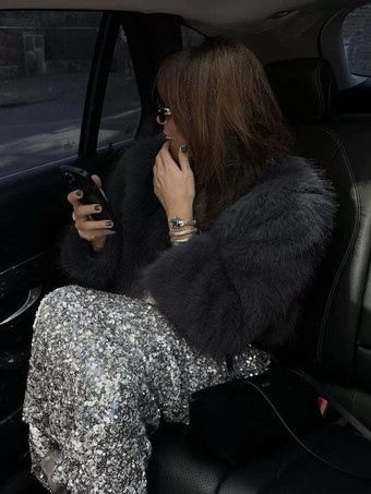 フェイクファーコート ブラック ウエスト上げ 長袖 レディースコート