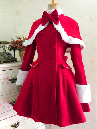 レッド クラシックなロリータウールコート ボウ付きダブルブレスト ファー付きロリータ冬用オーバーコート