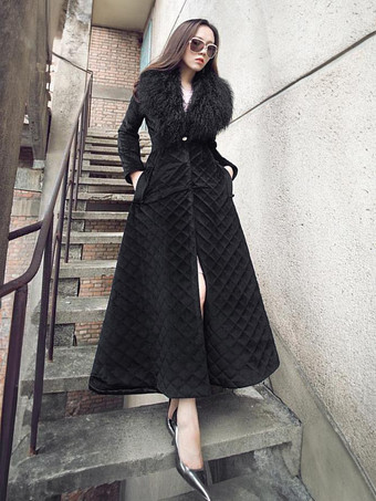 ブラック ロングラインアウターウェア フェザーカラー キルティングポケット 冬用フルレングスコート