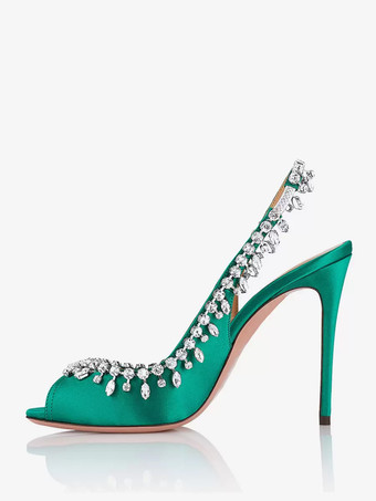 サテン スリングバック パンプス ピープトゥ ラインストーン ハイヒール パーティーシューズ