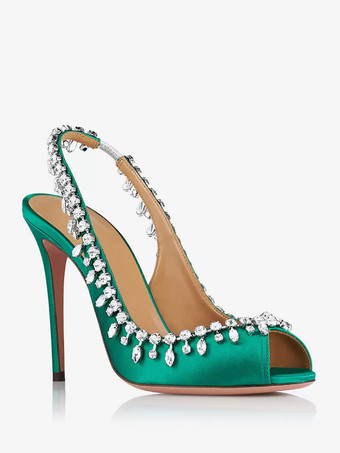 グリーン サテン スリングバック パンプス ピープトゥ ラインストーン ハイヒール パーティーシューズ