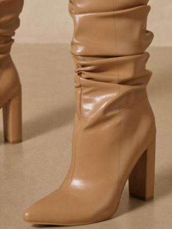 レディースブーツポインテッドトゥチャンキーヒールディープアプリコットニーハイブーツ