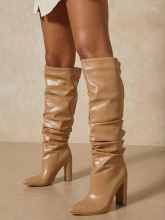 レディースブーツポインテッドトゥチャンキーヒールディープアプリコットニーハイブーツ