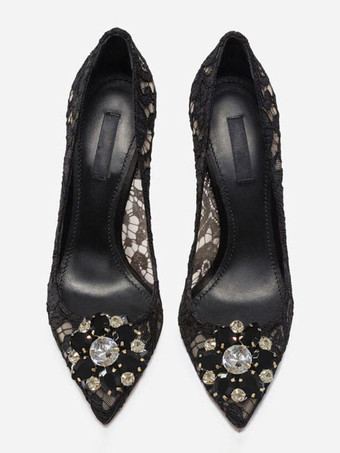 レースのハイヒールの尖ったラインストーン黒の結婚式の靴