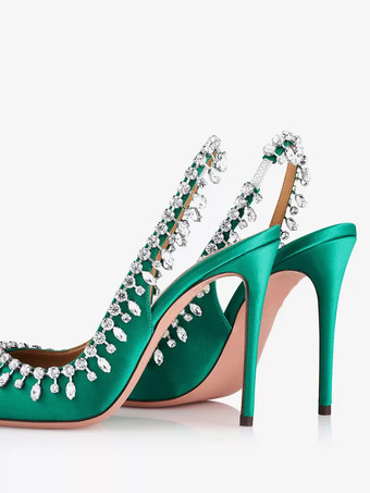 サテン スリングバック パンプス ピープトゥ ラインストーン ハイヒール パーティーシューズ