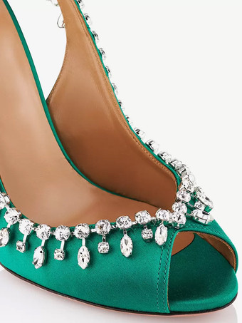 サテン スリングバック パンプス ピープトゥ ラインストーン ハイヒール パーティーシューズ